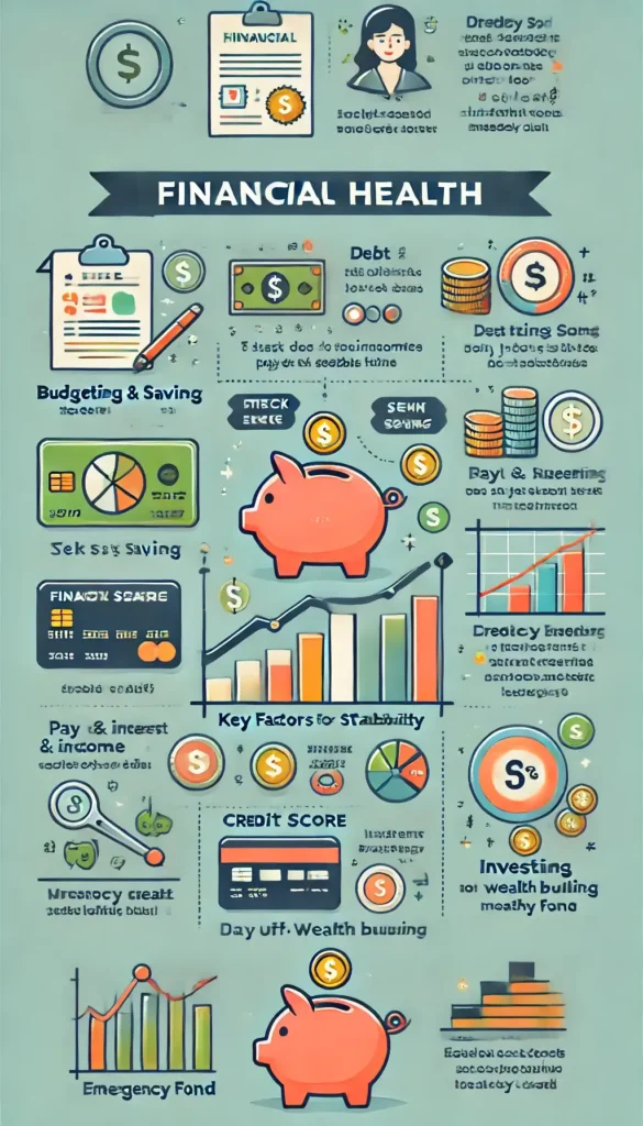 Infographic on Financial Health featuring key factors: budgeting, saving, debt management, credit score, investing, income vs. expenses, and emergency funds.