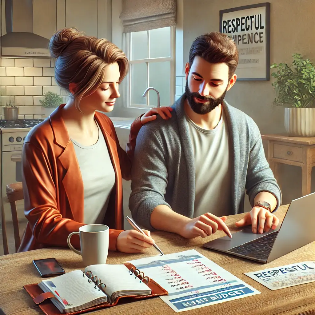 A realistic digital illustration of a respectful couple sitting at their kitchen table, discussing their budget with a laptop, notepad, and calculator. They are planning their finances together in a focused and cooperative manner