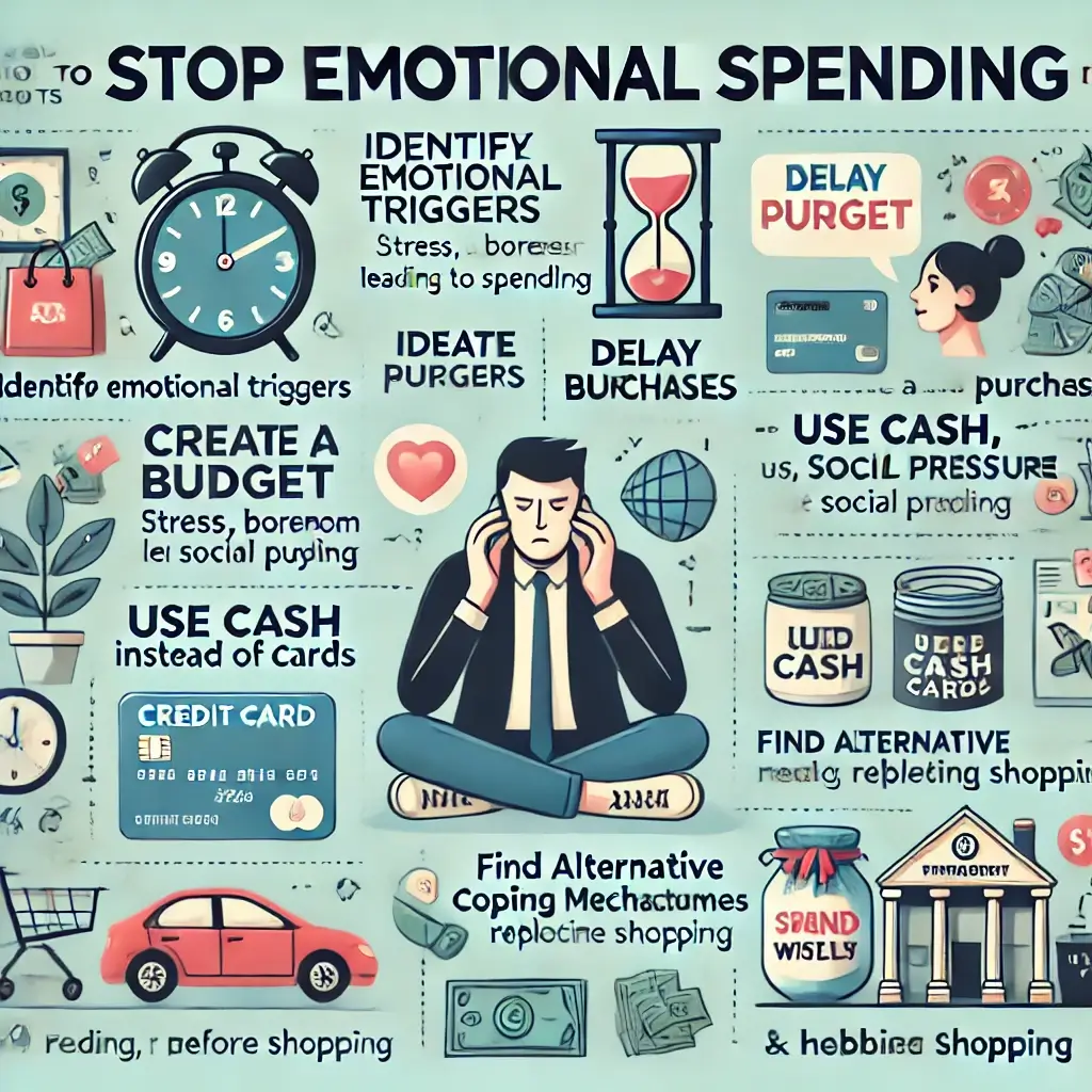 An informative infographic illustrating strategies to stop emotional spending and take control of finances. The visual highlights key techniques such as identifying emotional triggers, setting a budget, practicing mindful spending, and using cash instead of credit to manage financial habits effectively