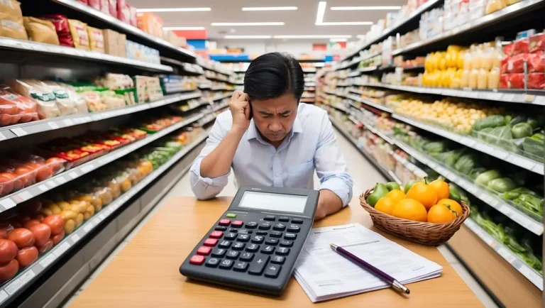 budgeting hacks. A concerned man sitting at a table inside a grocery store, reviewing his budget with a large calculator, financial documents, and a basket of fresh produce. The supermarket shelves in the background are filled with vegetables, fruits, and other grocery items, illustrating the challenge of budgeting while shopping for essentials