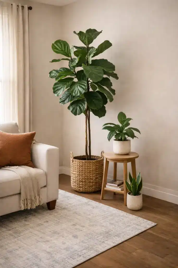 7. Bring in Greenery (Real or Faux)
Adding greenery is one of the simplest ways to make a living room feel more vibrant and complete. In this example, a taller plant fills an empty corner and introduces height, while smaller plants create a layered, natural look. The organic shapes soften the clean lines of the furniture and bring life to an area that might otherwise feel flat. Whether real or faux, plants add movement, color, and texture that instantly make a room feel more welcoming.
From a budget standpoint, greenery is highly flexible and scalable. Beginner-friendly plants, affordable planters, or even realistic faux options can achieve the same visual effect without requiring a large investment. You can start with one larger statement plant and gradually add smaller pieces over time. By focusing on placement and scale rather than quantity, you create impact while keeping costs low.