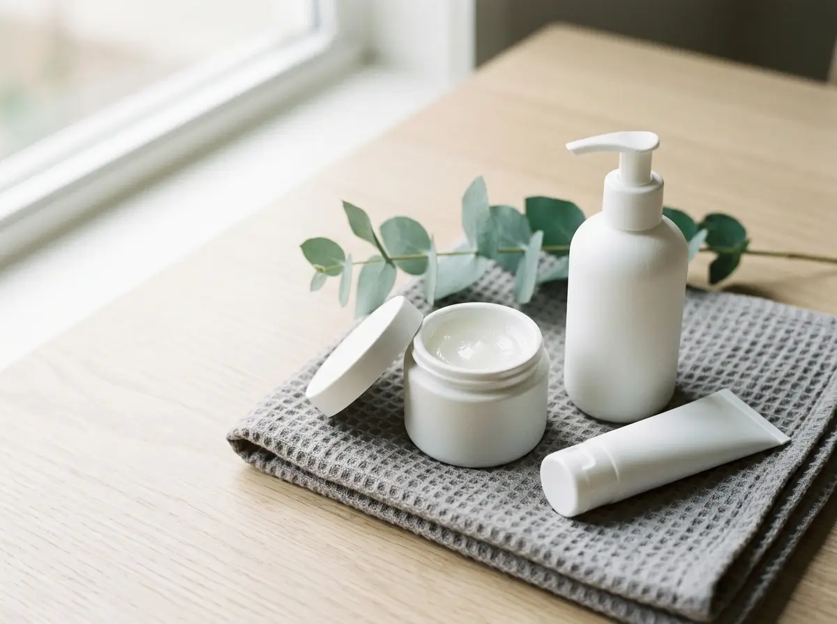 Unbranded aftercare balm, fragrance-free wash, and mineral sunscreen on a folded towel