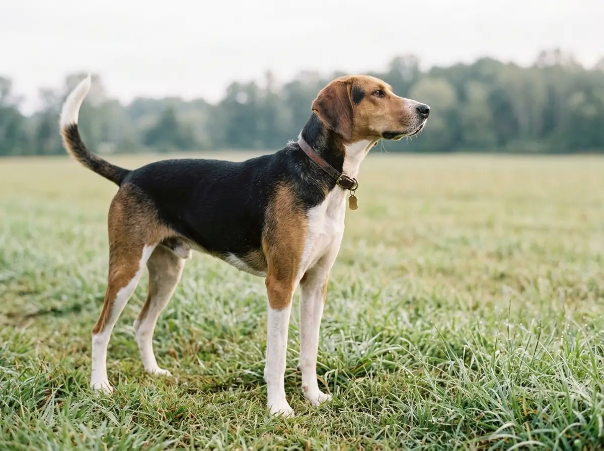 Tall tricolor American Foxhound standing at the edge of an open grass field