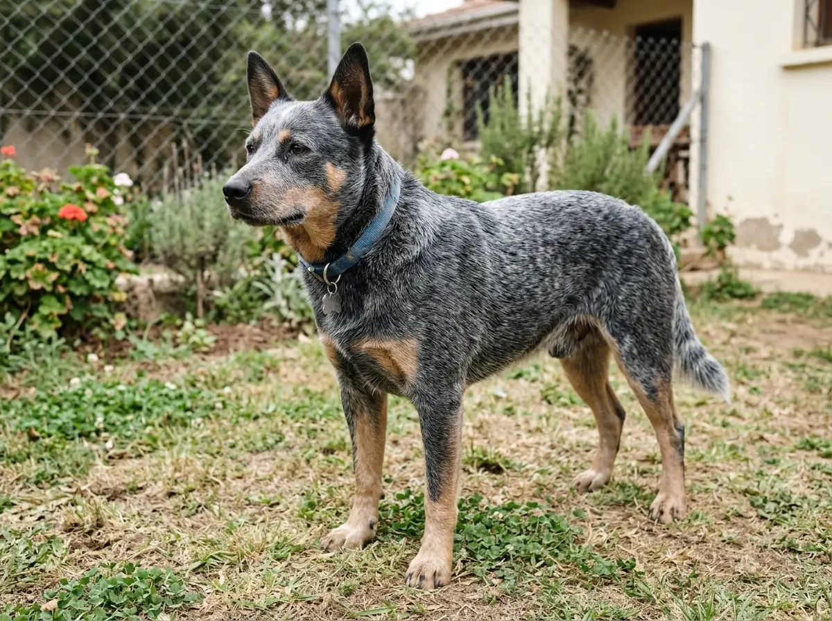 Blue Australian Cattle Dog standing in a plain backyard, head turned to the left