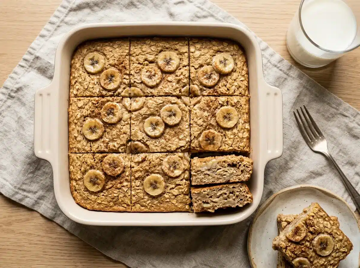 Pan of baked oatmeal cut into squares with banana slices and cinnamon on top