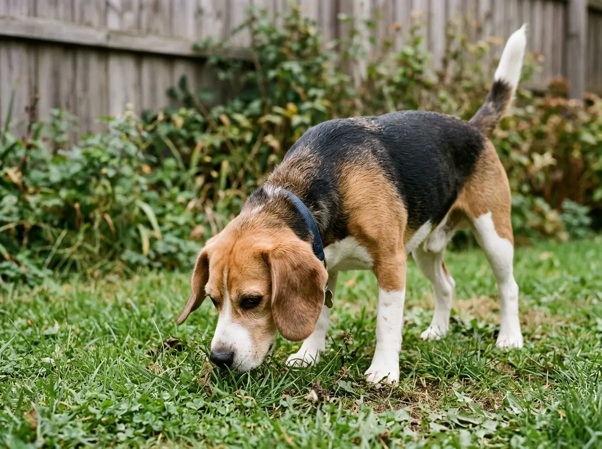 Tricolor Beagle standing on backyard grass with nose lowered, sniffing
