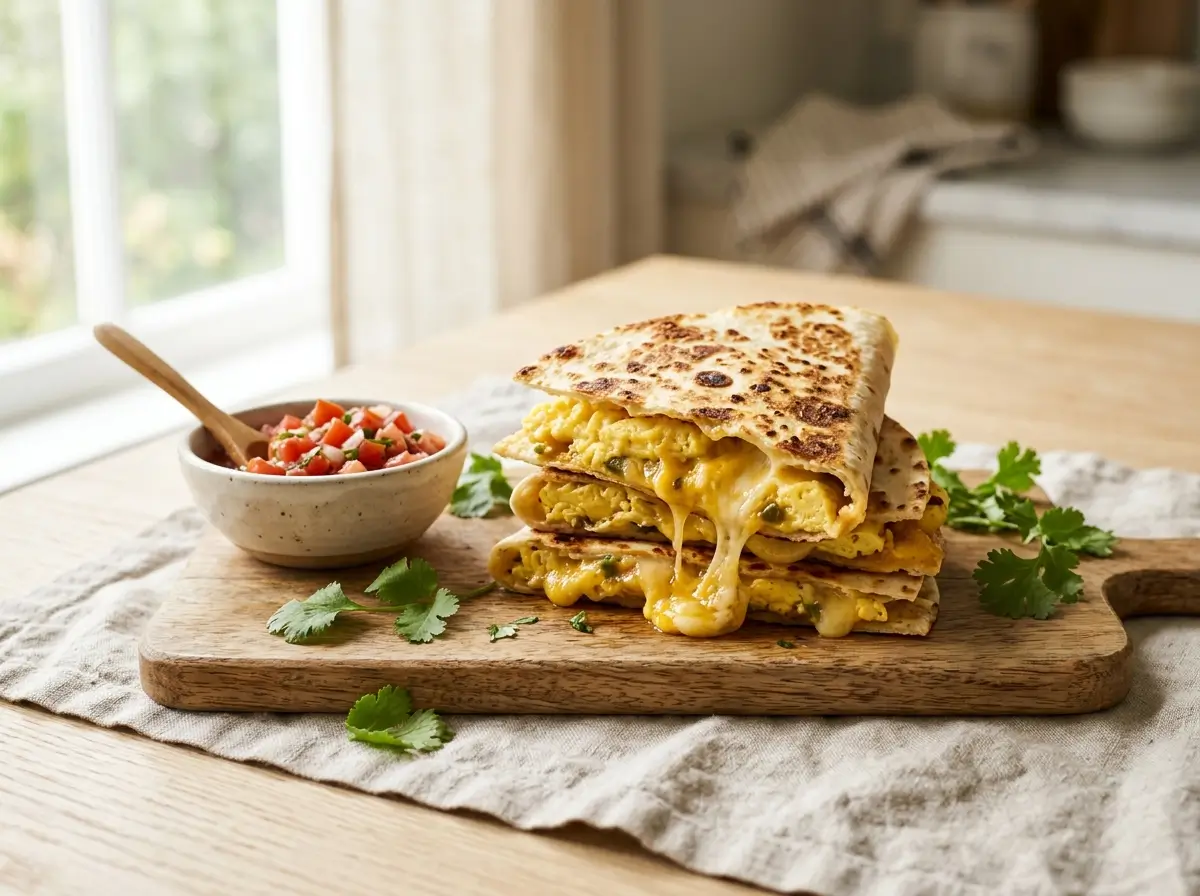 Stacked breakfast quesadilla wedges with melted cheese and egg spilling out