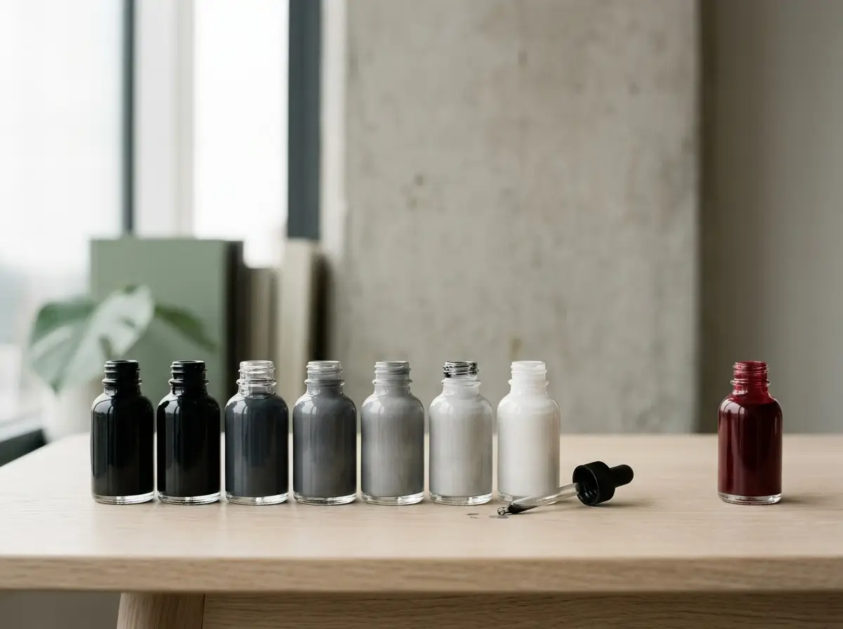 Row of greywash ink bottles in graded tones beside a single bottle of red pigment