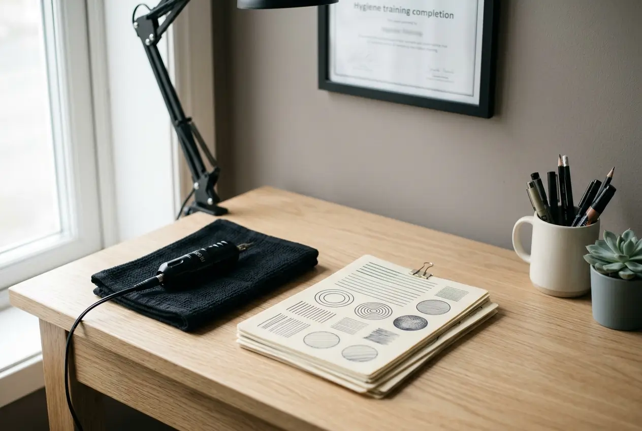 Tidy apprentice tattoo station with practice sheets, machine, and framed studio licence