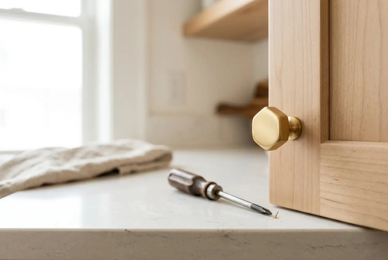 Close-up of a new brass knob installed on a kitchen cabinet door