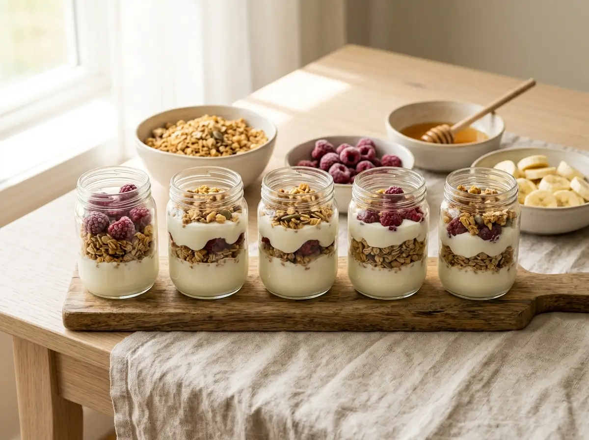 Row of glass jars layered with yogurt, granola and berries beside topping bowls