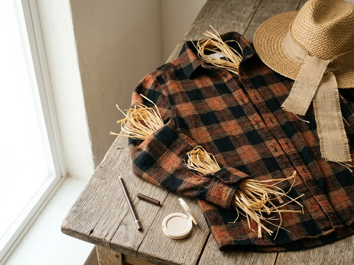 Plaid flannel shirt with raffia at the cuffs, a straw hat and burlap on weathered oak