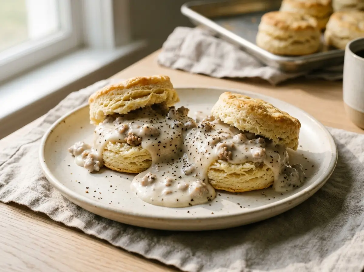Split buttermilk biscuits smothered in peppery sausage gravy on a plate