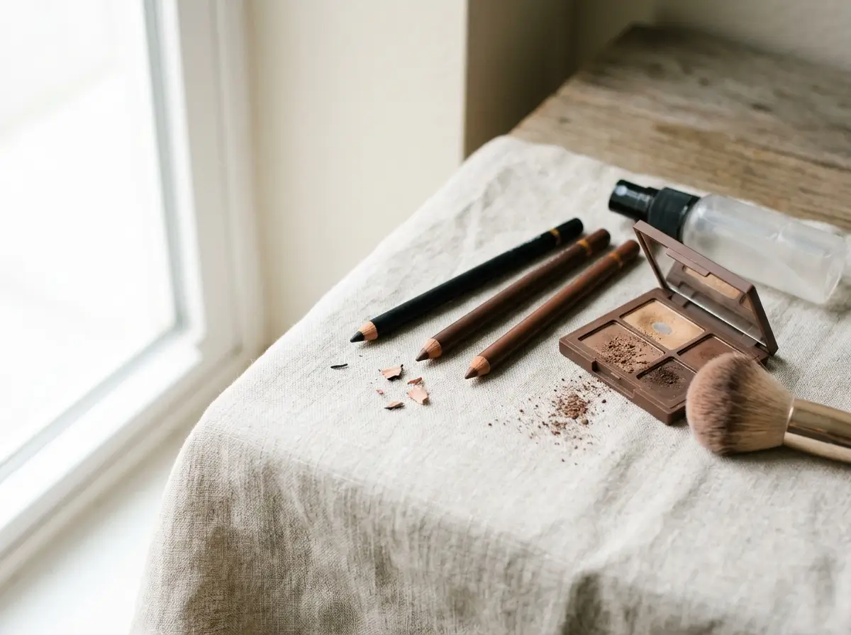 Drugstore eyeliner pencils, brown eyeshadow and setting spray arranged on pale linen