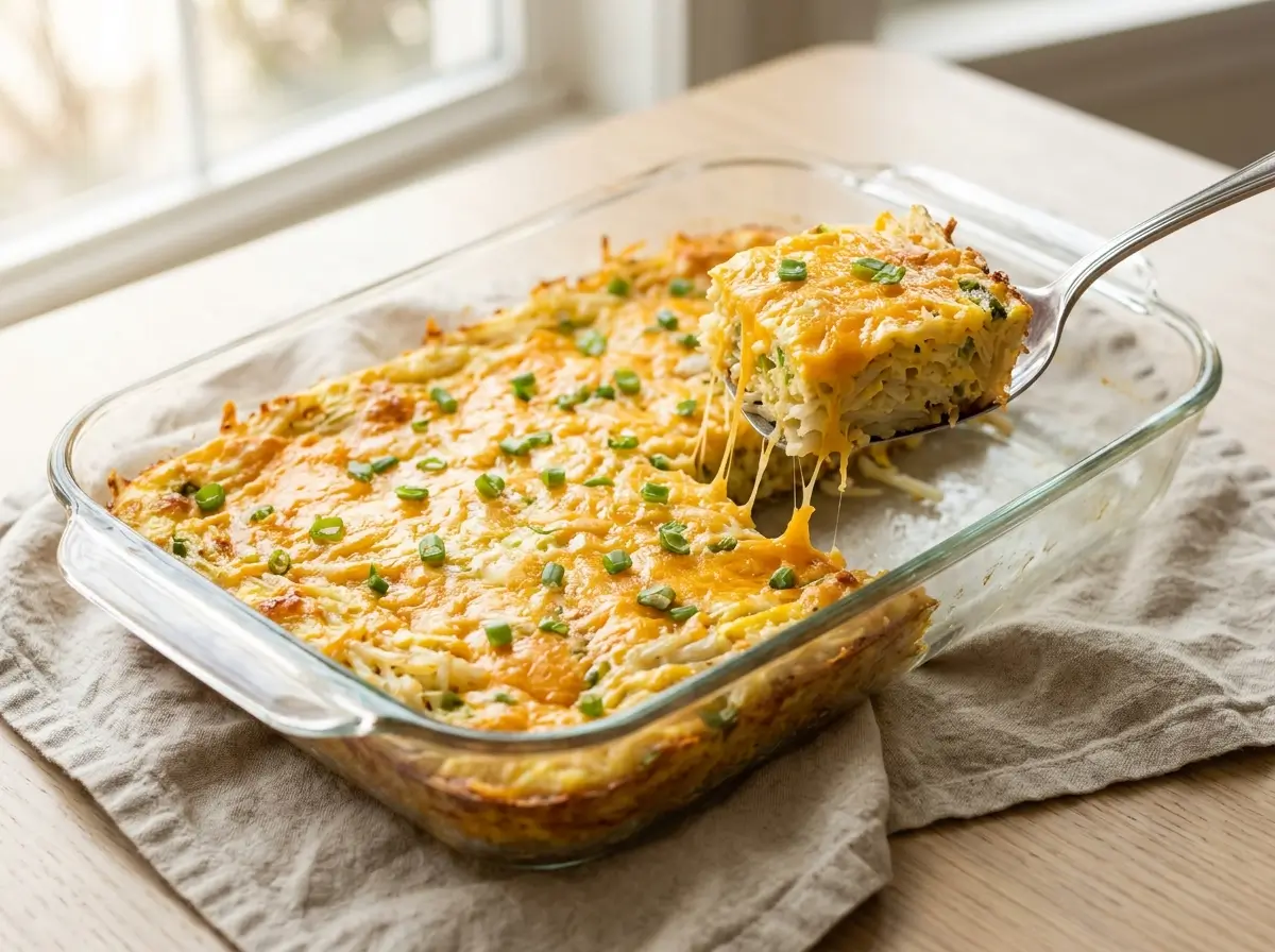 Serving spoon lifting a portion from a cheesy hash brown and egg casserole