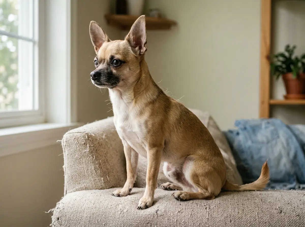 Small smooth-coated Chihuahua sitting on a worn armchair in soft window light