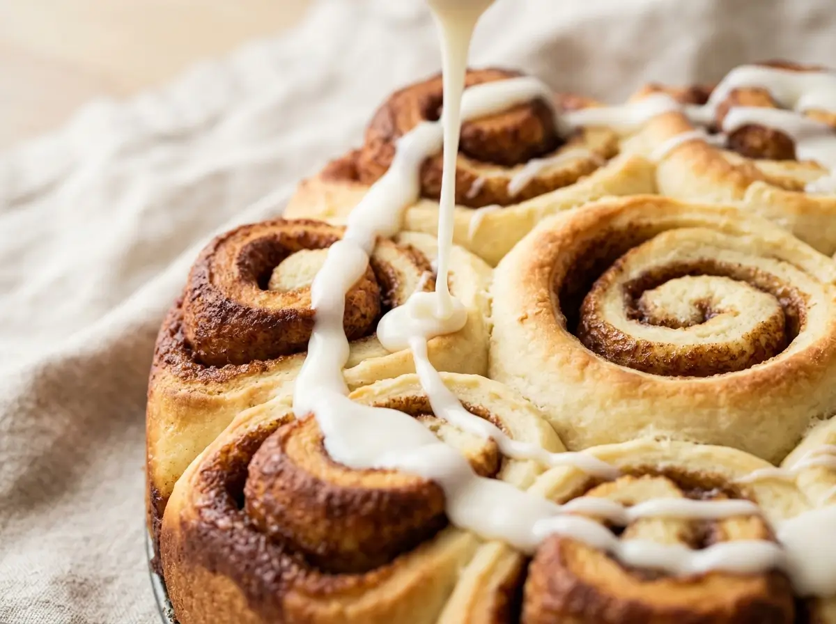 Close-up of pull-apart cinnamon roll bake with icing drizzled over the top