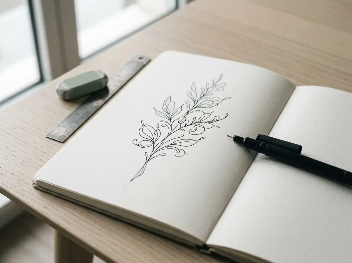 Fine-line ink drawing in an open sketchbook beside a technical pen and ruler