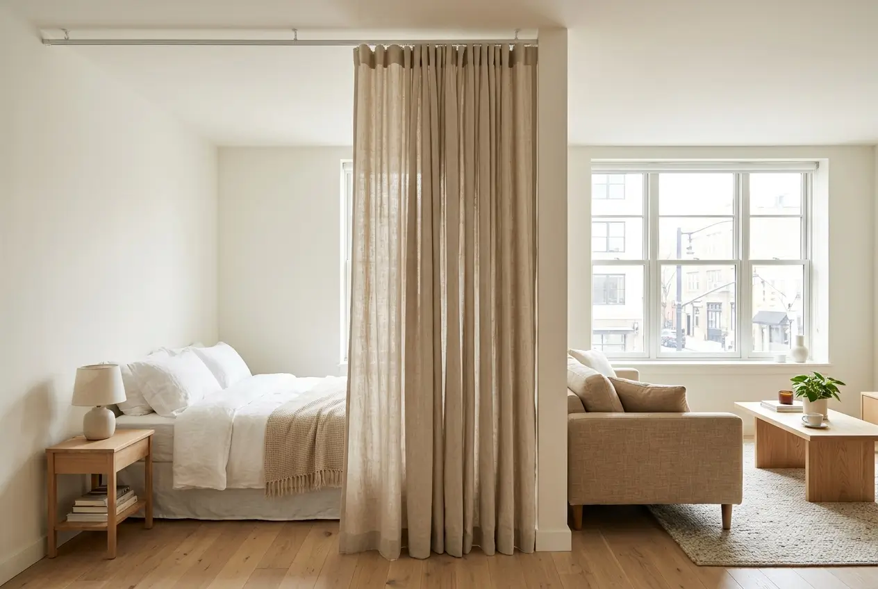 Studio apartment divided by a ceiling-mounted curtain on a track