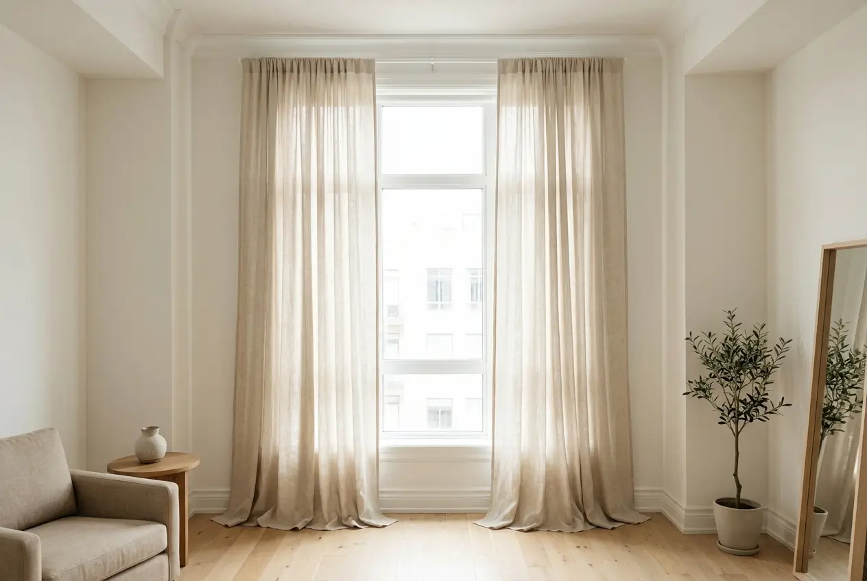Floor-length curtains hung near the ceiling on a tall apartment window