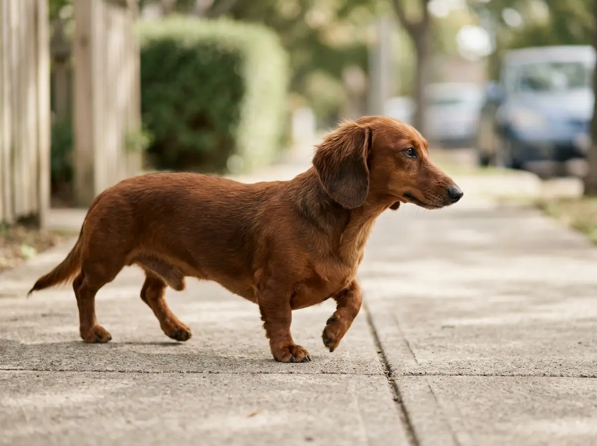Smooth red Dachshund walking slowly along a shaded neighborhood sidewalk