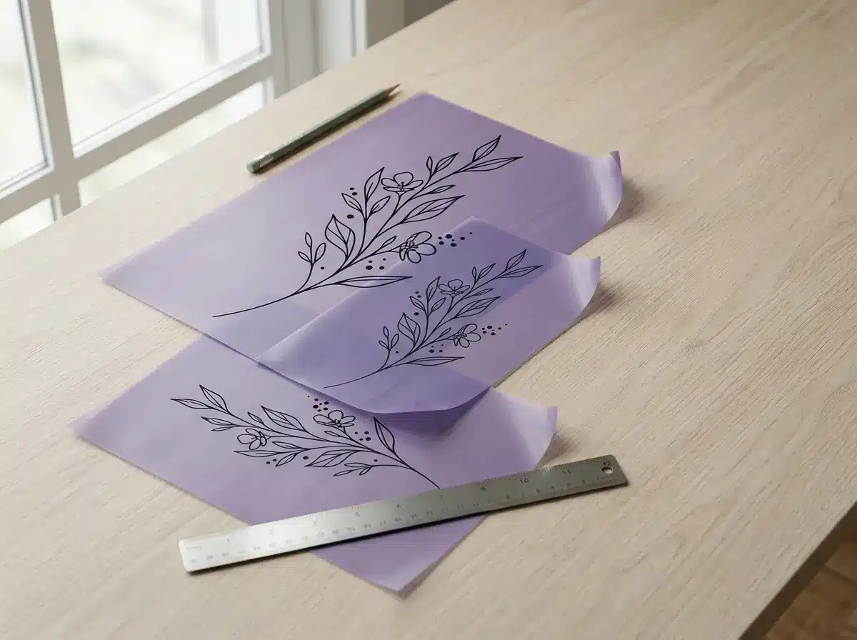 Three printed stencil sheets of the same botanical design at different sizes on pale oak