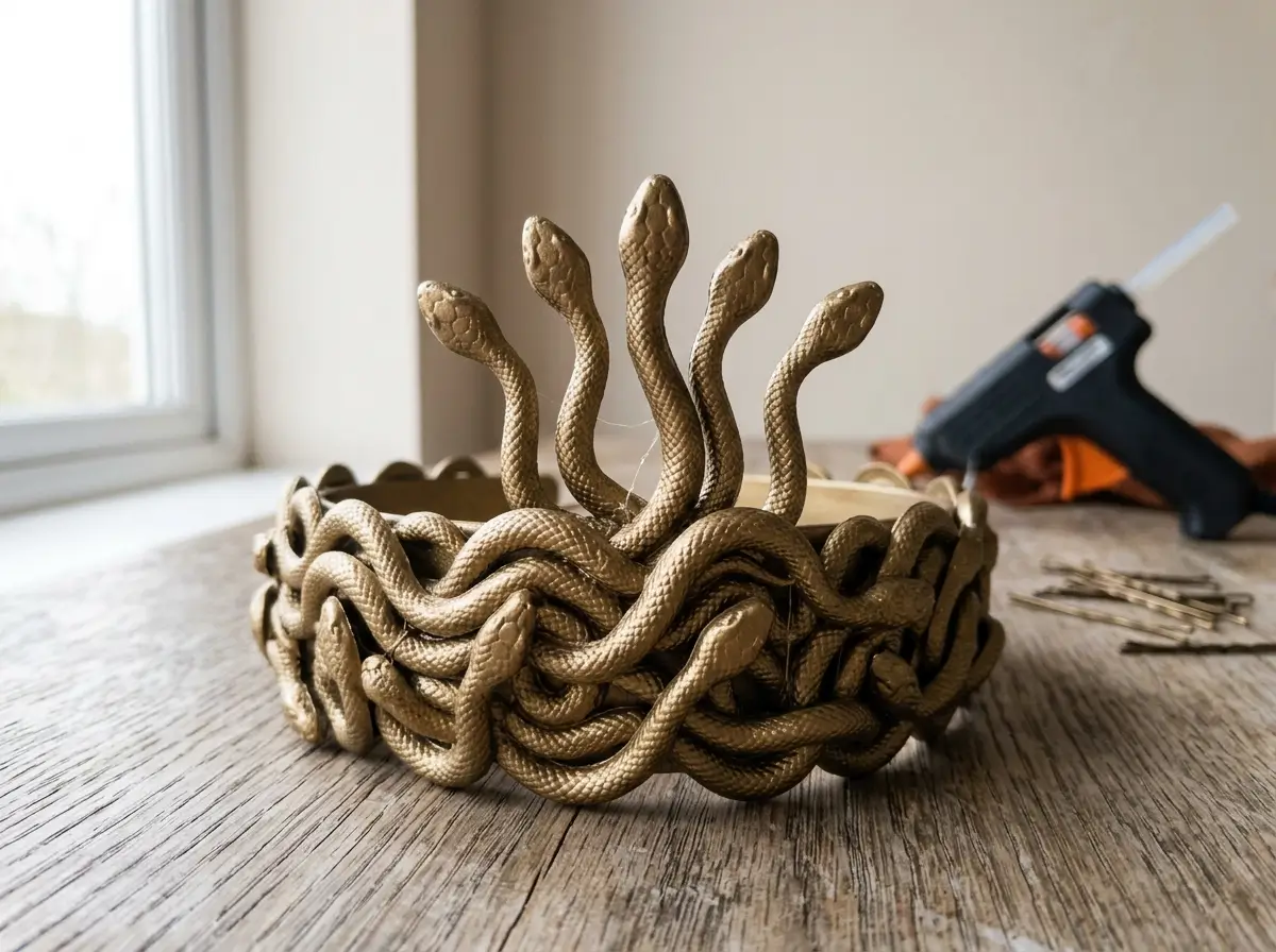 Close crop of a headband covered in gold-painted rubber snakes beside a glue gun