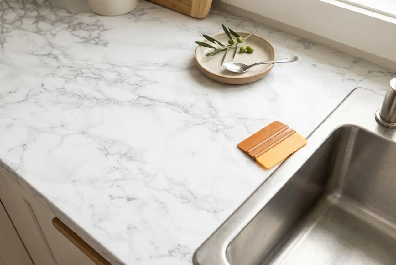 Kitchen countertop finished in marble-print contact paper near the sink