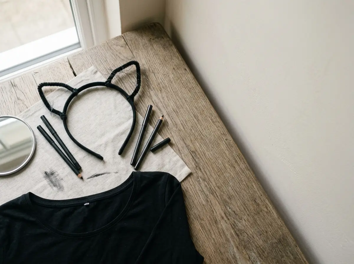 Overhead flat lay of black cat ears, eyeliner pencils and pipe cleaners on linen