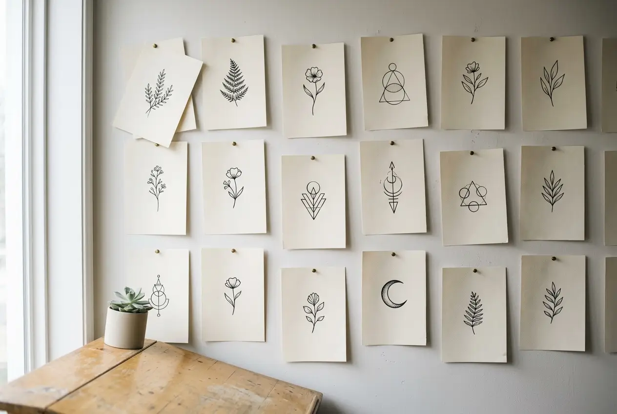 Studio wall pinned with hand-drawn flash sheets showing small original designs
