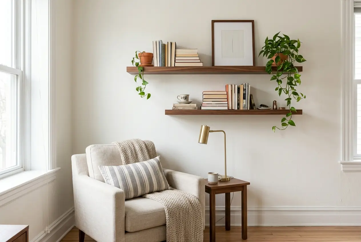 Staggered walnut floating shelves styled with books above a reading nook