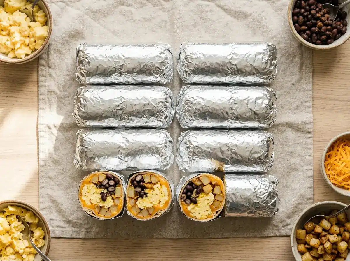 Rows of foil-wrapped breakfast burritos beside scrambled eggs, beans and cheese