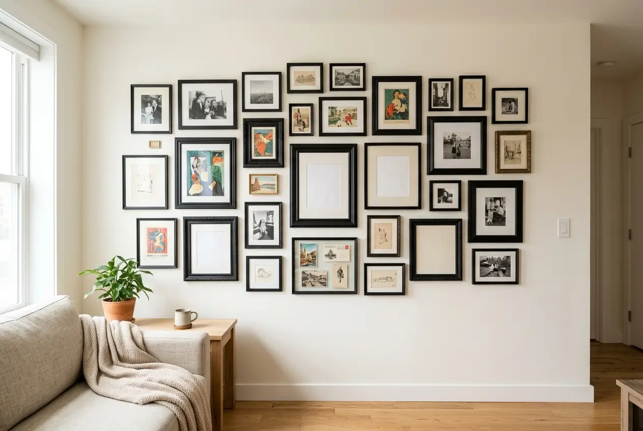 Salon-style gallery wall of mismatched frames painted matte black