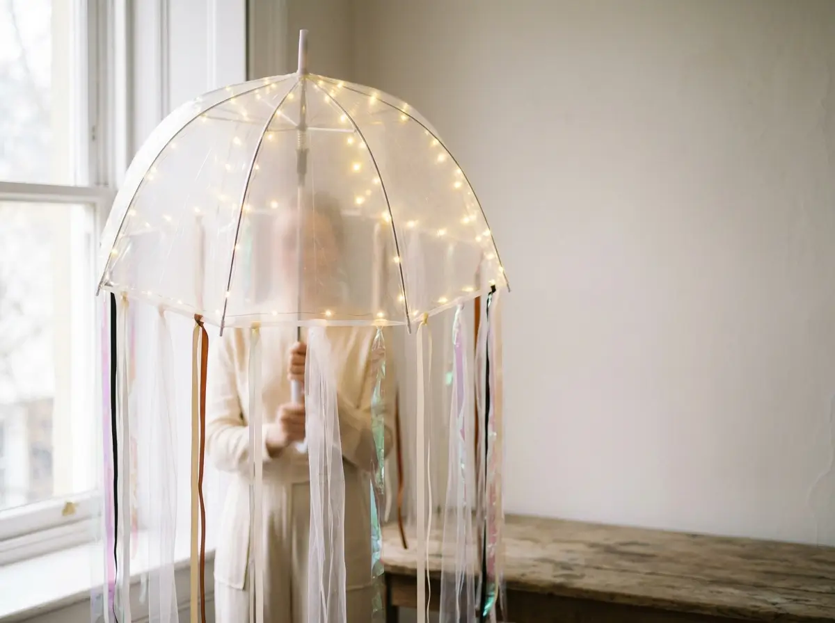 Clear bubble umbrella lit with fairy lights and iridescent ribbon streamers hanging