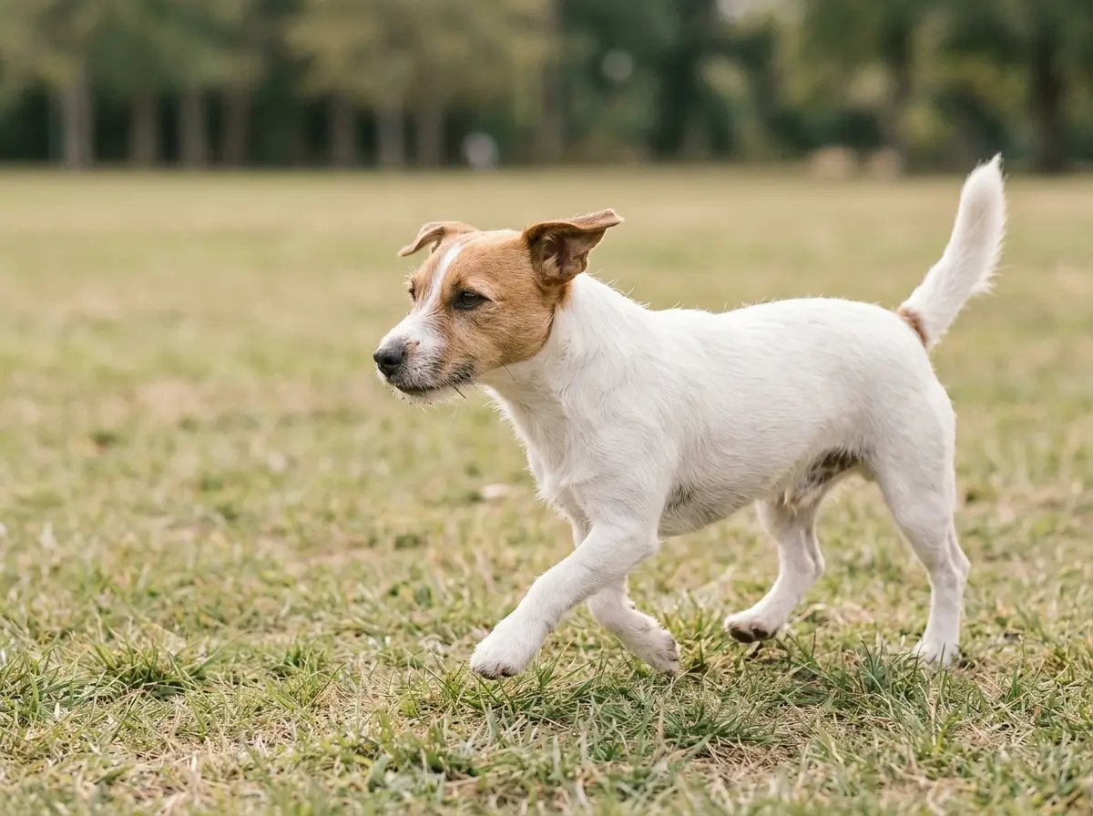 White and tan Jack Russell Terrier trotting across a grassy park in daylight