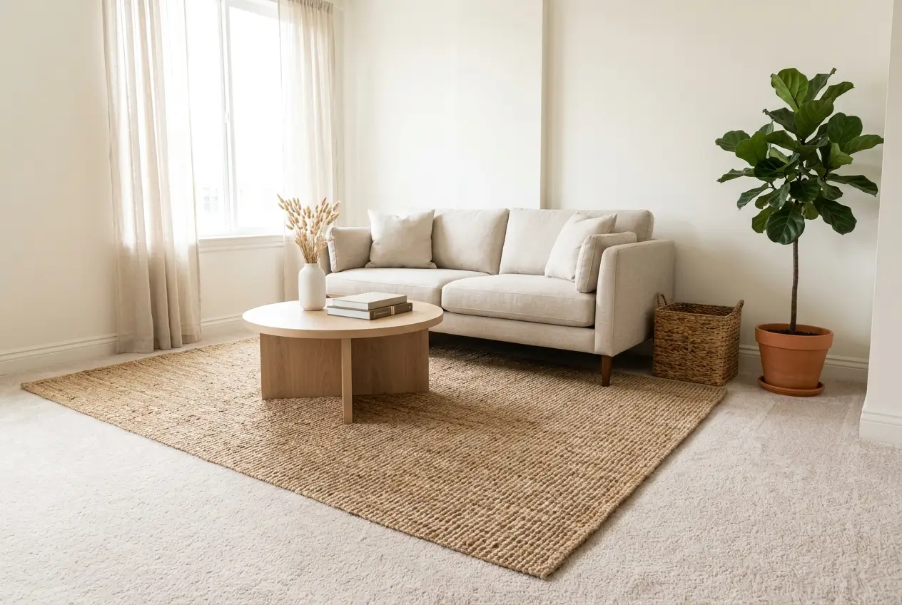 Natural jute rug layered over beige wall-to-wall carpet under a sofa
