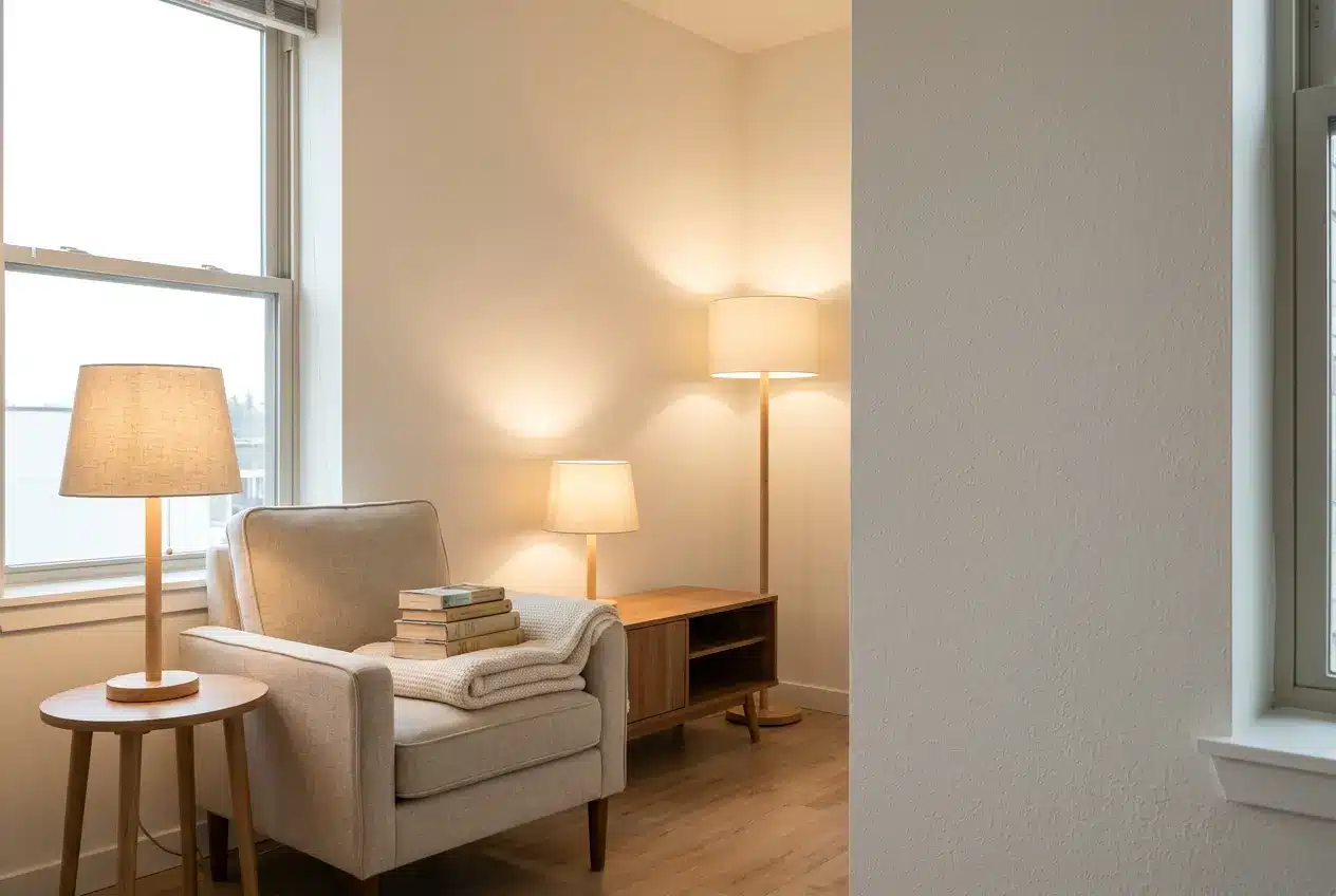 Reading chair corner lit warmly by three table lamps at different heights
