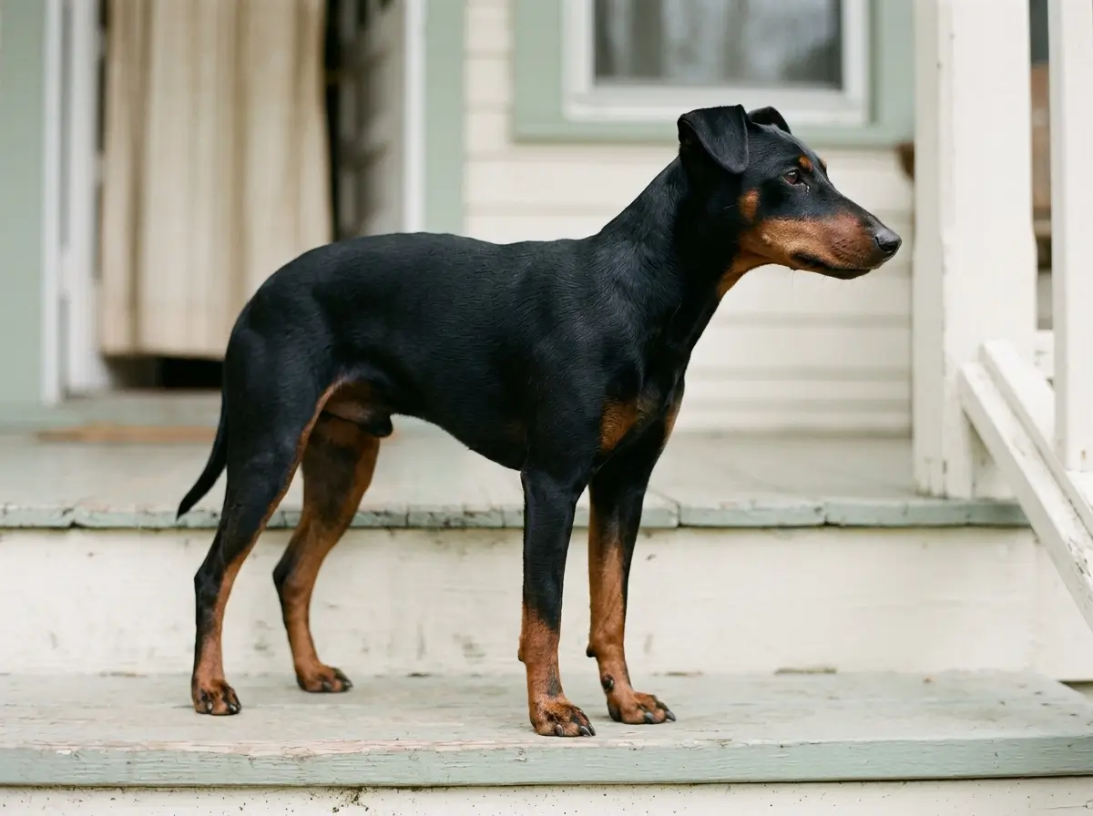 Sleek black and tan Manchester Terrier standing on a porch step facing right