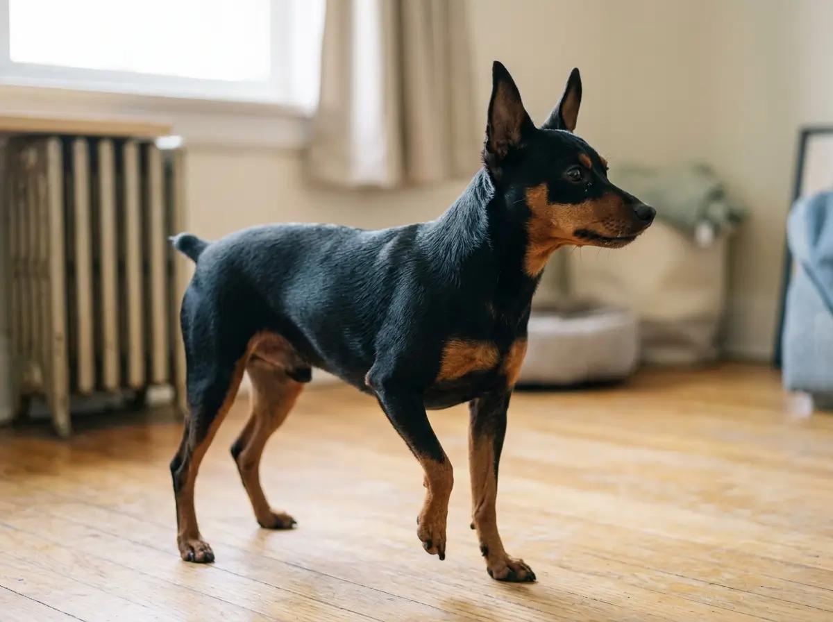 Black and rust Miniature Pinscher standing near a bright apartment window