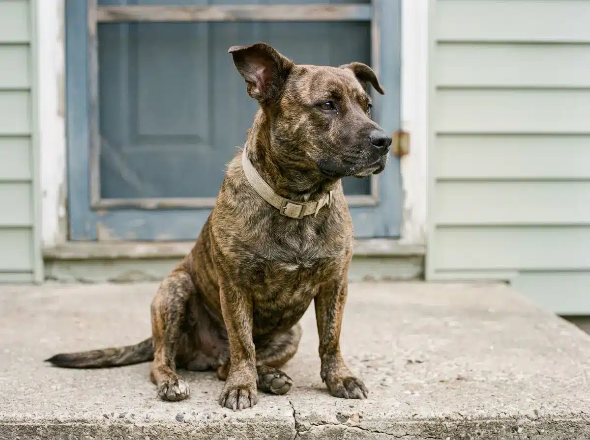 Medium brindle mixed-breed dog sitting on a back step, looking off to one side