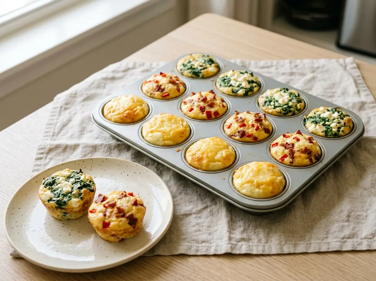 Muffin tin of baked egg cups with spinach, peppers and bacon in separate cups