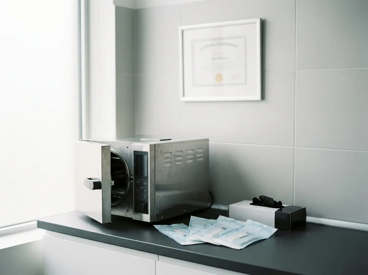 Autoclave, sealed sterile pouches, and a framed health department licence on a clean counter