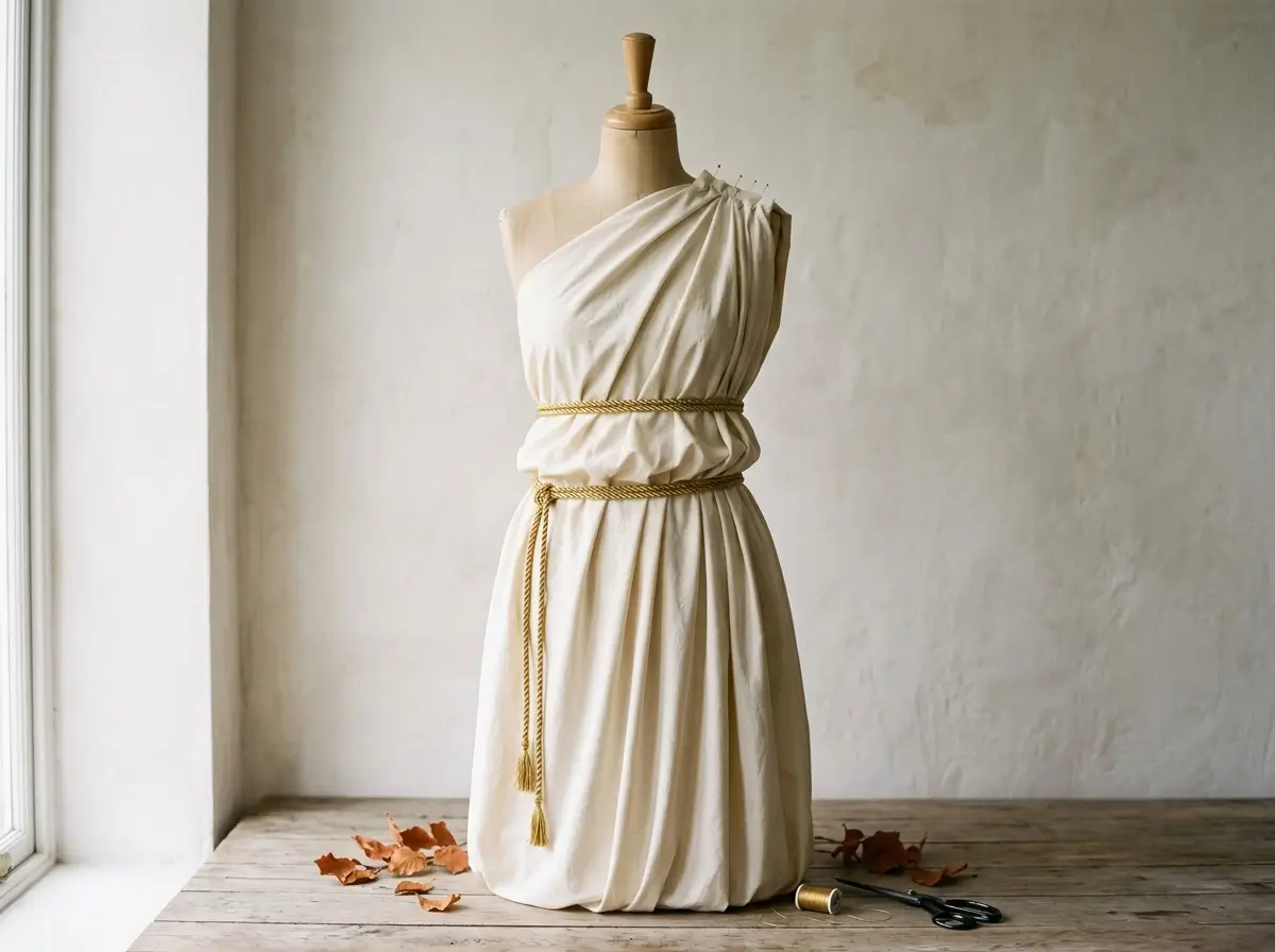 Cream bedsheet draped and belted with gold cord on a dress form against plaster