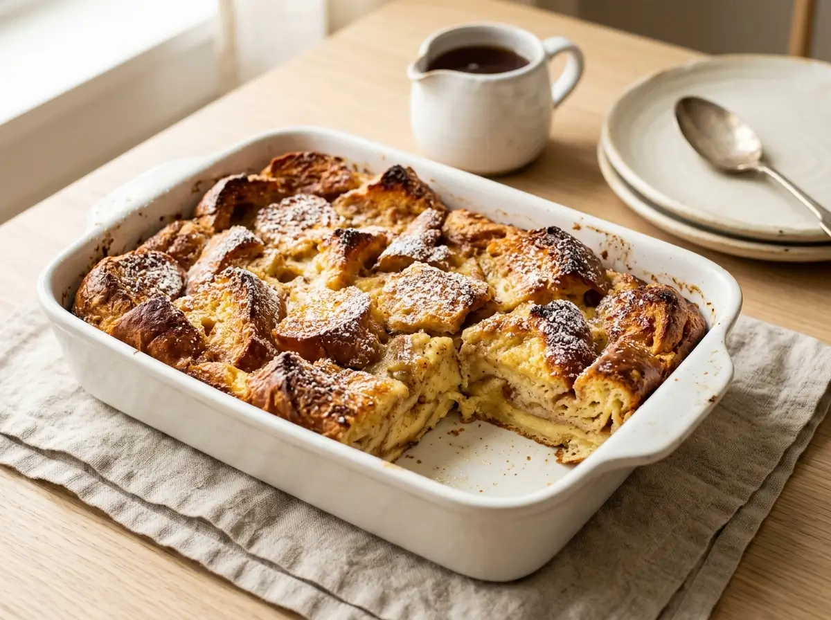 Golden baked French toast casserole in a white dish, dusted with powdered sugar