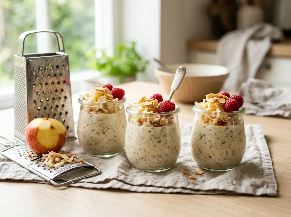 Glass jars of creamy bircher muesli topped with grated apple and toasted nuts