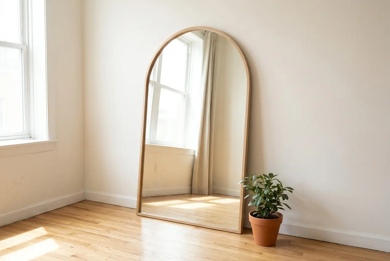Oversized round mirror leaning against a bare apartment wall