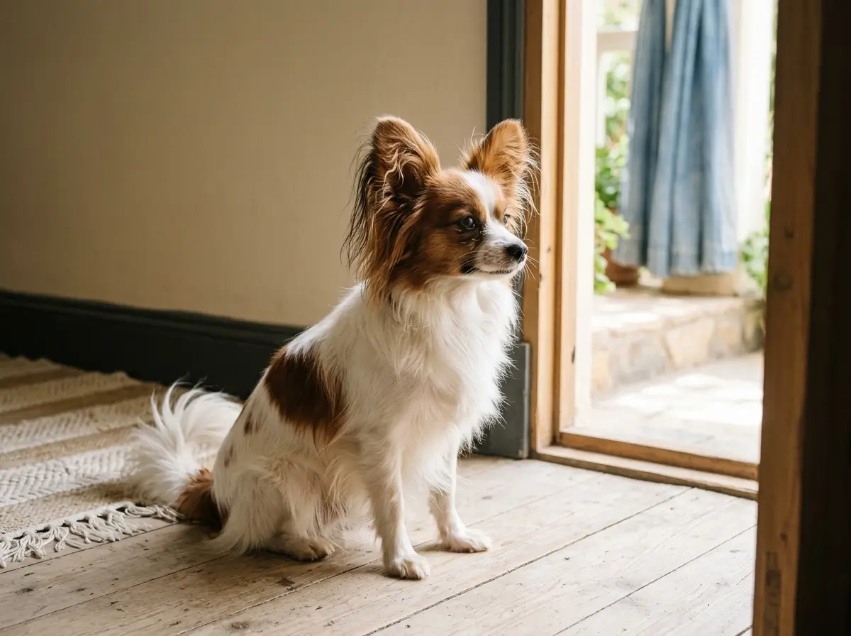 Small Papillon with fringed ears sitting on a wooden floor beside a doorway