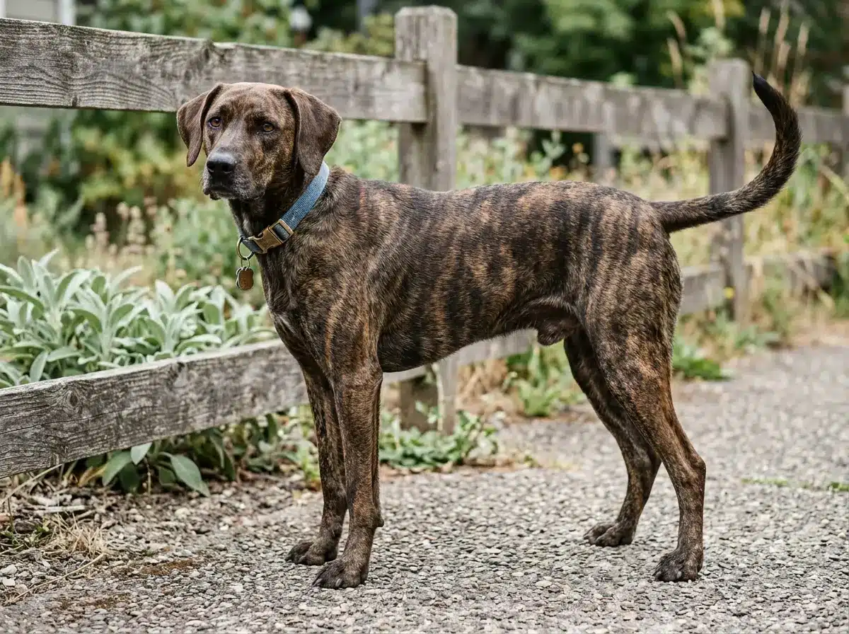 Brindle Plott Hound standing on a gravel path beside a wooden fence