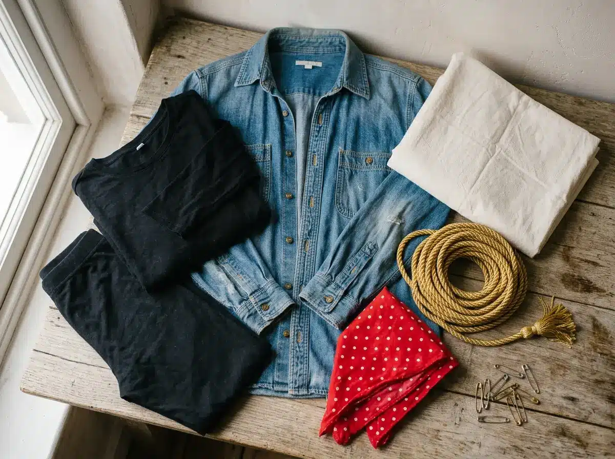Closet basics for cheap DIY Halloween costumes for women laid out on an oak surface