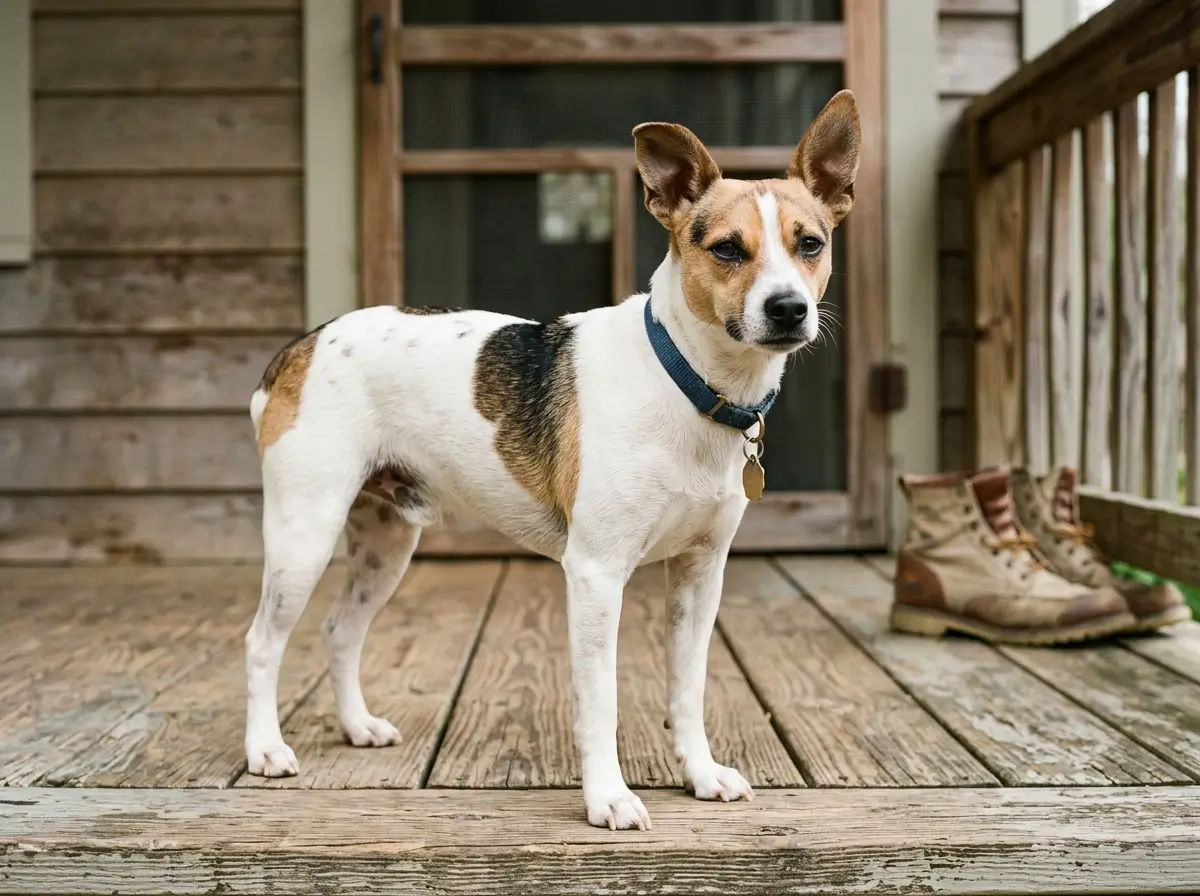 Alert Rat Terrier with white and tan markings standing on a wooden porch